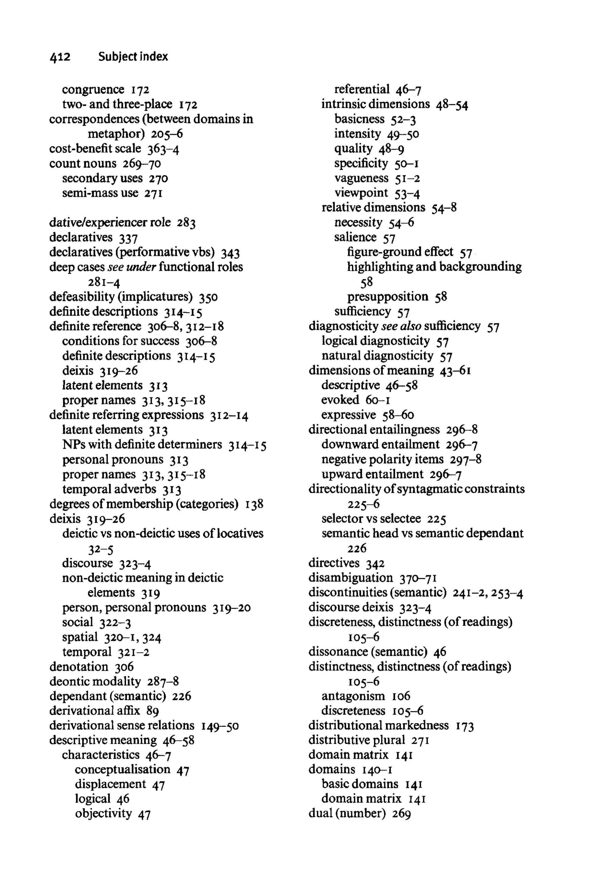 412 Subject index
congruence 172
two-and three-place 172
correspondences (betweendomains in
metaphor) 205-6
cost-benefit scale 363-4
count nouns 269-70
secondary uses 270
semi-mass use 271
dative/experiencer role 283
declaratives 337
declaratives (performative vbs) 343
deep cases see under functional roles
281-4
defeasibility (implicatures) 350
definite descriptions 314-15
definite reference 306-8, 312-18
conditions for success 306-8
definite descriptions 314-15
deixis 319-26
latent elements 313
proper names 313, 315-18
definite referringexpressions 312-14
latent elements 313
NPs withdefinite determiners 314-15
personal pronouns 313
proper names 313, 315-18
temporal adverbs 313
degrees of membership (categories) 138
deixis 319-26
deictic vs non-deictic uses of locatives
32-5
discourse 323-4
non-deictic meaningin deictic
elements 319
person, personal pronouns 319-20
social 322-3
spatial 320-1, 324
temporal 321-2
denotation 306
deontic modality 287-8
dependant (semantic) 226
derivational affix 89
derivational sense relations 149-50
descriptive meaning 46-58
characteristics 46-7
conceptualisation 47
displacement 47
logical 46
objectivity 47
referential 46-7
intrinsic dimensions 48-54
basicness 52-3
intensity 49-50
quality 48-9
specificity 50-1
vagueness 51-2
viewpoint 53-4
relative dimensions 54-8
necessity 54-6
salience 57
figure-ground effect 57
highlighting and backgrounding
58
presupposition 58
sufficiency 57
diagnosticity see also sufficiency 57
logical diagnosticity 57
natural diagnosticity 57
dimensions of meaning 43-61
descriptive 46-58
evoked 60-1
expressive 58-60
directional entailingness 296-8
downward entailment 296-7
negative polarity items 297-8
upward entailment 296-7
directionality ofsyntagmatic constraints
225-6
selector vs selectee 225
semantic head vs semantic dependant
226
directives 342
disambiguation 370-71
discontinuities (semantic) 241-2,253-4
discourse deixis 323-4
discreteness, distinctness (of readings)
105-6
dissonance (semantic) 46
distinctness, distinctness (of readings)
105-6
antagonism 106
discreteness 105-6
distributional markedness 173
distributive plural 271
domain matrix 141
domains 140-1
basic domains 141
domain matrix 141
dual (number) 269
 