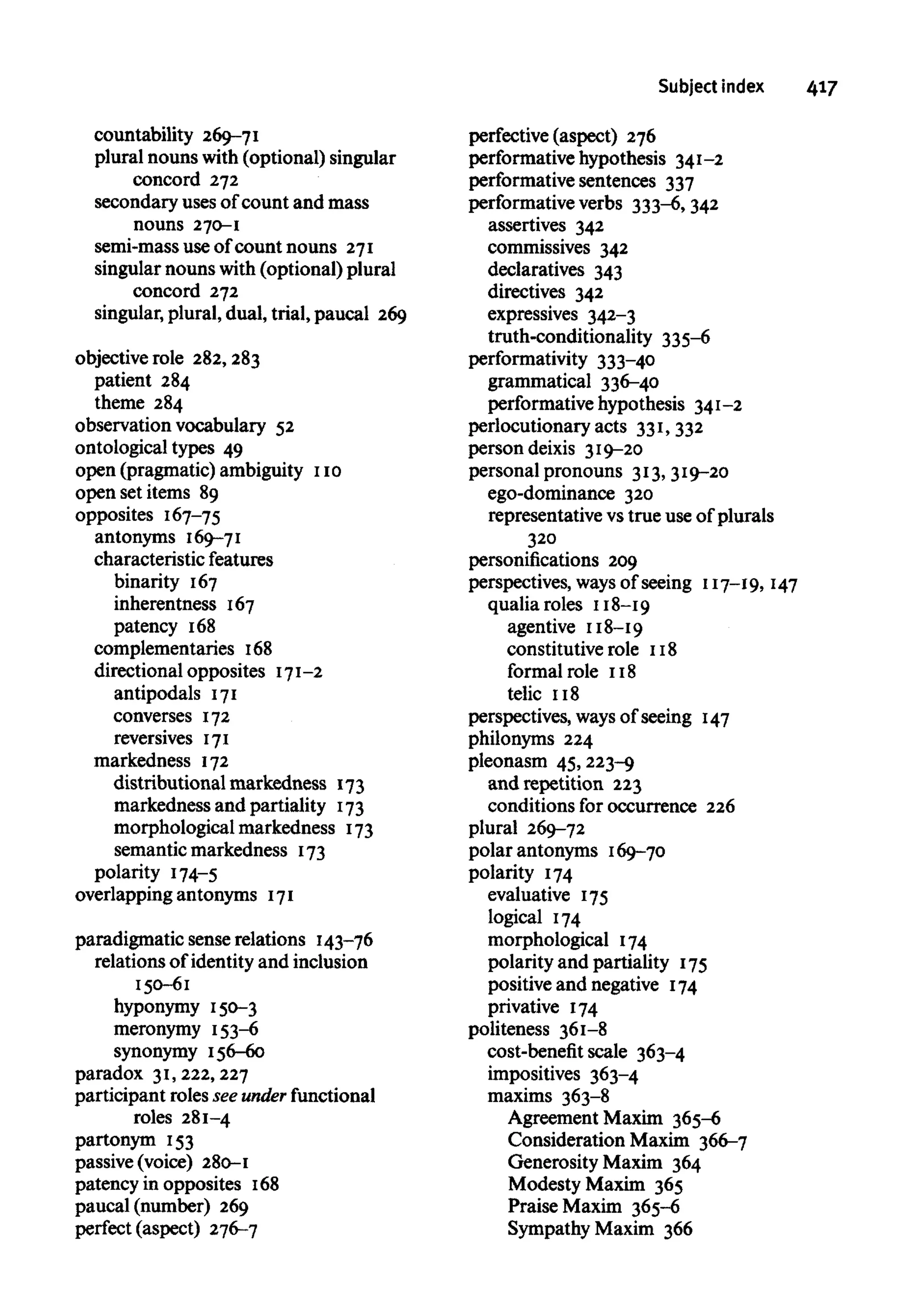 Subject index 417
countability 269-71
plural nouns with (optional) singular
concord 272
secondary uses of count and mass
nouns 270-1
semi-mass use of count nouns 271
singular nouns with (optional) plural
concord 272
singular, plural, dual, trial, paucal 269
objective role 282,283
patient 284
theme 284
observation vocabulary 52
ontological types 49
open (pragmatic) ambiguity 110
open set items 89
opposites 167-75
antonyms 169-71
characteristic features
binarity 167
inherentness 167
patency 168
complementaries 168
directional opposites 171-2
antipodals 171
converses 172
reversives 171
markedness 172
distributional markedness 173
markedness and partiality 173
morphological markedness 173
semantic markedness 173
polarity 174-5
overlapping antonyms 171
paradigmatic sense relations 143-76
relations of identity and inclusion
150-61
hyponymy 150-3
meronymy 153-6
synonymy 156-60
paradox 31, 222,227
participant rolessee under functional
roles 281-4
partonym 153
passive (voice) 280-1
patency in opposites 168
paucal (number) 269
perfect (aspect) 276-7
perfective (aspect) 276
performative hypothesis 341-2
performative sentences 337
performative verbs 333-6,342
assertives 342
commissives 342
declaratives 343
directives 342
expressives 342-3
truth-conditionality 335-6
performativity 333-40
grammatical 336-40
performative hypothesis 341-2
perlocutionary acts 331,332
person deixis 319-20
personal pronouns 313, 319-20
ego-dominance 320
representative vs true use of plurals
320
personifications 209
perspectives, waysof seeing 117-19, 147
qualia roles 118-19
agentive 118-19
constitutive role 118
formal role 118
telic 118
perspectives, ways of seeing 147
philonyms 224
pleonasm 45, 223-9
and repetition 223
conditions for occurrence 226
plural 269-72
polar antonyms 169-70
polarity 174
evaluative 175
logical 174
morphological 174
polarity and partiality 175
positive and negative 174
privative 174
politeness 361-8
cost-benefit scale 363-4
impositives 363-4
maxims 363-8
Agreement Maxim 365-6
Consideration Maxim 366-7
Generosity Maxim 364
Modesty Maxim 365
Praise Maxim 365-6
Sympathy Maxim 366
 