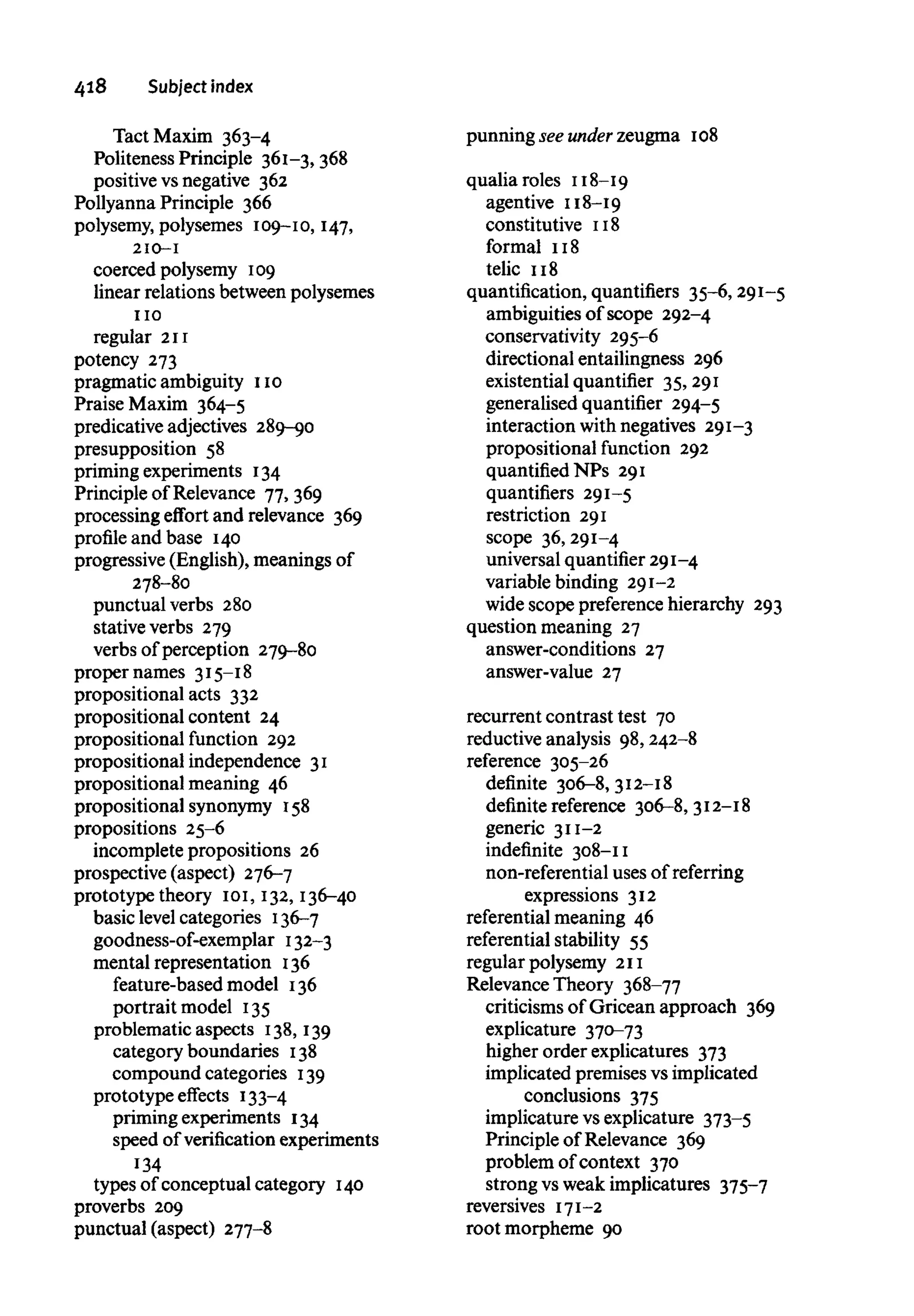 418 Subject index
Tact Maxim 363-4
Politeness Principle 361-3,368
positive vs negative 362
Pollyanna Principle 366
polysemy, polysemes 109-10, 147,
210-1
coerced polysemy 109
linear relations between polysemes
no
regular 211
potency 273
pragmatic ambiguity no
Praise Maxim 364-5
predicative adjectives 289-90
presupposition 58
priming experiments 134
Principle of Relevance 77, 369
processing effort and relevance 369
profile and base 140
progressive (English), meanings of
278-80
punctual verbs 280
stative verbs 279
verbs of perception 279-80
proper names 315-18
prepositional acts 332
prepositional content 24
prepositional function 292
prepositional independence 31
prepositional meaning 46
prepositional synonymy 158
propositions 25-6
incomplete propositions 26
prospective (aspect) 276-7
prototype theory 101, 132, 136-40
basic level categories 136-7
goodness-of-exemplar 132-3
mental representation 136
feature-based model 136
portrait model 135
problematic aspects 138,139
category boundaries 138
compound categories 139
prototype effects 133-4
priming experiments 134
speed of verification experiments
134
types of conceptual category 140
proverbs 209
punctual (aspect) 277-8
punning see under zeugma 108
qualia roles 118-19
agentive 118-19
constitutive 118
formal 118
telic 118
quantification, quantifiers 35-6, 291-5
ambiguities of scope 292-4
conservativity 295-6
directional entailingness 296
existential quantifier 35, 291
generalised quantifier 294-5
interaction with negatives 291-3
prepositional function 292
quantified NPs 291
quantifiers 291-5
restriction 291
scope 36, 291-4
universal quantifier 291-4
variable binding 291-2
wide scope preferencehierarchy 293
question meaning 27
answer-conditions 27
answer-value 27
recurrent contrast test 70
reductive analysis 98, 242-8
reference 305-26
definite 306-8, 312-18
definite reference 306-8, 312-18
generic 311-2
indefinite 308-11
non-referential usesof referring
expressions 312
referential meaning 46
referential stability 55
regular polysemy 211
Relevance Theory 368-77
criticisms of Gricean approach 369
explicature 370-73
higher order explicatures 373
implicated premises vs implicated
conclusions 375
implicature vsexplicature 373-5
Principle of Relevance 369
problem of context 370
strong vs weak implicatures 375-7
reversives 171-2
root morpheme 90
 