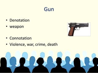 Gun
• Denotation
• weapon
• Connotation
• Violence, war, crime, death
 