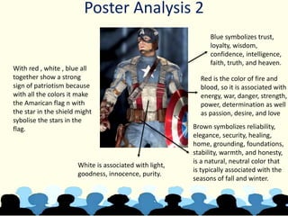 Poster Analysis 2
Blue symbolizes trust,
loyalty, wisdom,
confidence, intelligence,
faith, truth, and heaven.
Red is the color of fire and
blood, so it is associated with
energy, war, danger, strength,
power, determination as well
as passion, desire, and love
Brown symbolizes reliability,
elegance, security, healing,
home, grounding, foundations,
stability, warmth, and honesty,
is a natural, neutral color that
is typically associated with the
seasons of fall and winter.
White is associated with light,
goodness, innocence, purity.
With red , white , blue all
together show a strong
sign of patriotism because
with all the colors it make
the Amarican flag n with
the star in the shield might
sybolise the stars in the
flag.
 