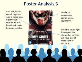 Poster Analysis 3
The facial
exspression
comes across
aggressive.
With red , white ,
blue all together
show a strong sign
of patriotism
because with all
the colors it make
the union jack flag
With the cation fight
for respect that
shows that the film
will have alot of
maby fight or
violance.
 