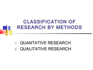 CLASSIFICATION OF
RESEARCH BY METHODS
1. QUANTATIVE RESEARCH
2. QUALITATIVE RESEARCH
 