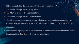  If B is logically true the entailment A→B holds, regardless of A
1. (A) Ducks are dogs. → (B) Mary is tired.
2. (A) Mary is tired. → (B) Ducks are birds.
3. (A) Ducks are dogs. → (B) Ducks are birds.
 So it is important to notice that logical relations are not meaning relations, they are
relations between sentences in terms of their truth conditions but not in terms of their
meanings.
 If we exclude logically true or false sentences, a connection does exist the table shows
the picture form A or B or both being non-contingent.
 