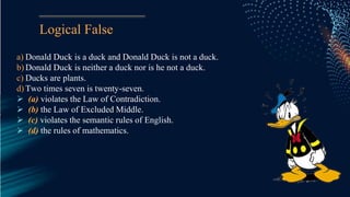 Logical False
a) Donald Duck is a duck and Donald Duck is not a duck.
b) Donald Duck is neither a duck nor is he not a duck.
c) Ducks are plants.
d) Two times seven is twenty-seven.
 (a) violates the Law of Contradiction.
 (b) the Law of Excluded Middle.
 (c) violates the semantic rules of English.
 (d) the rules of mathematics.
 
