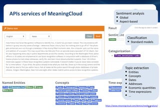 APIs services of MeaningCloud Sentiment analysis
 Global
 Aspect-based
Classification
 Standard models
Topic extraction
 Entities
 Concepts
 Dates
 Addresses
 Economic quantities
 Time expressions
 …
https://www.meaningcloud.com/demos/media-analysis/13
 