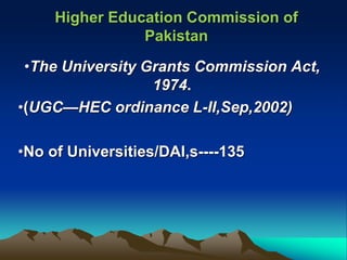 Higher Education Commission of
Pakistan
•The University Grants Commission Act,
1974.
•(UGC—HEC ordinance L-II,Sep,2002)
•No of Universities/DAI,s----135
 