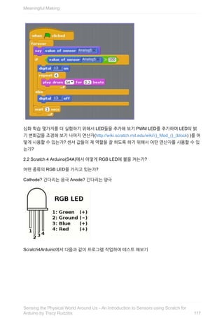 심화	학습	몇가지를	더	실험하기	위해서	LED들을	추가해	보기	PWM	LED를	추가하여	LED의	밝
기	변화값을	조정해	보기	나머지	연산자(http://wiki.scratch.mit.edu/wiki/()_Mod_()_(block)	)를	어
떻게	사용할	수	있는가?	센서	값들이	제	역할을	잘	하도록	하기	위해서	어떤	연산자를	사용할	수	있
는가?
2.2	Scratch	4	Arduino(S4A)에서	어떻게	RGB	LED에	불을	켜는가?
어떤	종류의	RGB	LED을	가지고	있는가?
Cathode?	긴다리는	음극	Anode?	긴다리는	양극
Scratch4Arduino에서	다음과	같이	프로그램	작업하여	테스트	해보기
Meaningful	Making
117
Sensing	the	Physical	World	Around	Us	-	An	Introduction	to	Sensors	using	Scratch	for
Arduino	by	Tracy	Rudzitis
 