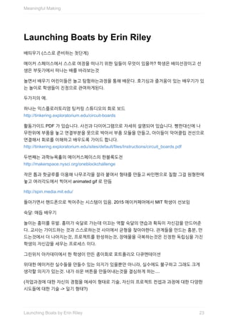Launching	Boats	by	Erin	Riley
배띄우기	(스스로	준비하는	첫단계)
메이커	스페이스에서	스스로	여정을	떠나기	위한	일들이	무엇이	있을까?	학생은	배의선장이고	선
생은	부둣가에서	떠나는	배를	바라보는것
놀면서	배우기	어린이들은	놀고	탐험하는과정을	통해	배운다.	호기심과	즐거움이	있는	배우기가	있
는	놀이로	학생들이	진정으로	관여하게된다.
두가지의	예.
하나는	익스플로러토리엄	팅커링	스튜디오의	회로	보드
http://tinkering.exploratorium.edu/circuit-boards
활동가이드	PDF	가	있습니다.	사진과	다이어그램으로	자세히	설명되어	있습니다.	빵판대신에	나
무판위에	부품을	놓고	연결부분을	못으로	박아서	부품	모듈을	만들고,	아이들이	악어클립	전선으로
연결해서	회로를	이해하고	배우도록	가이드	합니다.
http://tinkering.exploratorium.edu/sites/default/files/Instructions/circuit_boards.pdf
두번째는	과학뉴욕홀의	메이커스페이스의	한블록도전
http://makerspace.nysci.org/oneblockchallenge
작은	톱과	핫글루를	이용해	나무조각을	잘라	붙여서	형태를	만들고	싸인펜으로	칠함	그걸	원형판에
놓고	여러각도에서	찍어서	animated	gif	로	만듬
http://spin.media.mit.edu/
돌아가면서	핸드폰으로	찍어주는	시스템이	있음.	2015	메이커페어에서	MIT	학생이	선보임
숙달:	매듭	배우기
놀이는	흥미를	유발.	흥미가	숙달로	가는데	이끄는	역할	숙달의	연습과	획득이	자신감을	만드어준
다.	교사는	가이드하는	것과	스스로하는것	사이에서	균형을	찾아야한다.	관계들을	만드는	흥분,	만
드는것에서	더	나아지는것,	프로젝트를	완성하는것,	장애물을	극복하는것은	진정한	독립심을	가진
학생의	자신감을	세우는	프로세스	이다.
그린위치	아카데미에서	한	학생이	만든	종이회로	포트폴리오	다큐멘테이션
위대한	메이커란	실수들을	만들수	있는	의지가	있을뿐만	아니라,	실수에도	불구하고	그래도	크게
생각할	의지가	있는것.	내가	쉬운	버튼을	만들어내는것을	결심하게	하는....
(작업과정에	대한	자신의	경험을	에세이	형태로	기술,	자신의	프로젝트	컨셉과	과정에	대한	다양한
시도들에	대한	기술	->	일기	형태?)
Meaningful	Making
23Launching	Boats	by	Erin	Riley
 