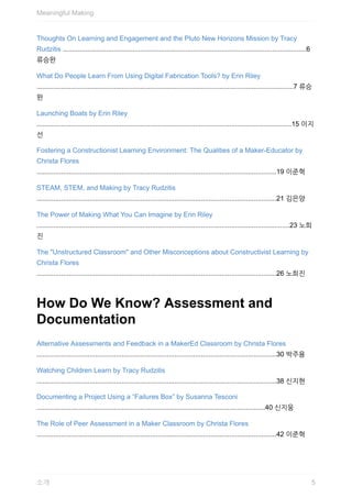 Thoughts	On	Learning	and	Engagement	and	the	Pluto	New	Horizons	Mission	by	Tracy
Rudzitis	.................................................................................................................................6
류승완
What	Do	People	Learn	From	Using	Digital	Fabrication	Tools?	by	Erin	Riley
........................................................................................................................................7	류승
완
Launching	Boats	by	Erin	Riley
.......................................................................................................................................15	이지
선
Fostering	a	Constructionist	Learning	Environment:	The	Qualities	of	a	Maker-Educator	by
Christa	Flores
...............................................................................................................................19	이준혁
STEAM,	STEM,	and	Making	by	Tracy	Rudzitis
...............................................................................................................................21	김은양
The	Power	of	Making	What	You	Can	Imagine	by	Erin	Riley
......................................................................................................................................23	노희
진
The	"Unstructured	Classroom"	and	Other	Misconceptions	about	Constructivist	Learning	by
Christa	Flores
...............................................................................................................................26	노희진
How	Do	We	Know?	Assessment	and
Documentation
Alternative	Assessments	and	Feedback	in	a	MakerEd	Classroom	by	Christa	Flores
...............................................................................................................................30	박주용
Watching	Children	Learn	by	Tracy	Rudzitis
...............................................................................................................................38	신지현
Documenting	a	Project	Using	a	“Failures	Box”	by	Susanna	Tesconi
.........................................................................................................................40	신지웅
The	Role	of	Peer	Assessment	in	a	Maker	Classroom	by	Christa	Flores
...............................................................................................................................42	이준혁
Meaningful	Making
5소개
 