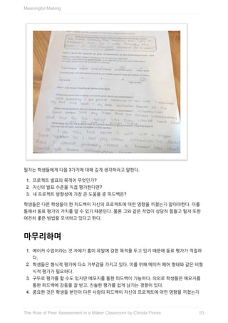 필자는	학생들에게	다음	3가지에	대해	깊게	생각하라고	말한다.
1.	 프로젝트	발표의	목적이	무엇인가?
2.	 자신의	발표	수준을	직접	평가한다면?
3.	 내	프로젝트	방향성에	가장	큰	도움을	준	피드백은?
학생들은	다른	학생들이	한	피드백이	자신의	프로젝트에	어떤	영향을	끼쳤는지	알아야한다.	이를
통해서	동료	평가의	가치를	알	수	있기	때문인다.	물론	그와	같은	작업이	상당히	힘들고	필자	또한
여전히	좋은	방법을	모색하고	있다고	한다.
마무리하며
1.	 메이커	수업이라는	것	자체가	흥미	유발에	강한	목적을	두고	있기	때문에	동료	평가가	적절하
다.
2.	 학생들은	형식적	평가에	다소	거부감을	가지고	있다.	이를	위해	메이커	페어	형태와	같은	비형
식적	평가가	필요하다.
3.	 구두로	평가를	할	수도	있지만	메모지를	통한	피드백이	가능하다.	의외로	학생들은	메모지를
통한	피드백에	감동을	잘	받고,	진솔한	평가를	쉽게	남기는	경향이	있다.
4.	 중요한	것은	학생들	본인이	다른	사람의	피드백이	자신의	프로젝트에	어떤	영향을	끼쳤는지
Meaningful	Making
53The	Role	of	Peer	Assessment	in	a	Maker	Classroom	by	Christa	Flores
 