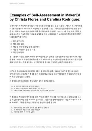 Examples	of	Self-Assessment	in	MakerEd
by	Christa	Flores	and	Carolina	Rodriguez
두개의	메이커	에듀케이션에	있어서의	자기평가의	예를	들고	있는	내용이다.	별도의	조사에	따르면
자기평가는	놀즈의	자기주도적	학습모형과	연관지을	수	있다.	특히	본	실험자들의	수업	진행	방식
은	자기주도적	학습모형의	순서와	매우	유사한	순서로	진행된다.	2012년	3월	수원	고색	고등학교
교장	송수현이	기술한	창의인성교육	모델학교	연수	내용에	의하면	놀즈의	자기주도적	학습모형은
다음의	5단계를	따른다.
1.	 학습욕구	진단
2.	 학습목표	설정
3.	 학습을	위한	인적	및	물적	자원	파악
4.	 적절한	학습전략	선정	및	이행
5.	 학습결과	평가
본	내용에서	기술된	첫번째	사례의	경우	이중	1)	2)의	단계를	사전	설문조사	또는	체크리스트	제공
을	통해	1차적으로	학생이	자체	평가를	하고,	2차적으로는	자신의	수업참여	동기의	묘사	및	수업을
통해	얻고자	하는	것을	확인하는	시간을	별도로	주었다.	개략적인	내용은	다음과	같다.**
다운타운	컬리지	예비학교의	8명의	6학년	학생을	주중	이틀,	방과	후	한시간을	'혁신과	디자인
랩'에서	만났다.	6학년들은	총	8회	동안	미래의	학교	작업을	하기	위해	특정한	건물의	디자인을	해
야	하는	팀의	일원이	되었다.
본	수업을	시작하기에	앞서	학생들에게	3가지	질문을	하였다.
1.	왜	미래학교	프로젝트에	참가하기	원했는가
2.	이	방과후	프로그램에서	배우길	원하는	것이	무엇인가
3.	건물의	모델을	만들어본적이	있는가?	만약	있다면	무엇을	지었는가.
이	질문들은	학생들의	자체평가를	위한	기반과	자신이	배우기를	기대하는	것,	그들의	동기를	묘사
할	시간을	갖게	하는	것을	목적으로	실시되었다.	설문지를	통해	학생들이	디자인	프로세스의	기초
에	익숙하고,	그만큼	만드는	것에	커다란	관심이	있음을	알았다.
1.	무엇이	디자인	프로세스에	있어서	가장	좋아하는	단계인가
2.	이	프로젝트의	작업을	통해	무엇을	배웠는가
3.	어떤것에	관하여	더	배우고	싶은가
Meaningful	Making
58Examples	of	Self-Assessment	in	MakerEd	by	Christa	Flores	and	Carolina	Rodriguez
 