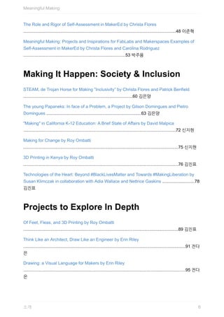 The	Role	and	Rigor	of	Self-Assessment	in	MakerEd	by	Christa	Flores
...............................................................................................................................48	이준혁
Meaningful	Making:	Projects	and	Inspirations	for	FabLabs	and	Makerspaces	Examples	of
Self-Assessment	in	MakerEd	by	Christa	Flores	and	Carolina	Rodriguez
.....................................................................................53	박주용
Making	It	Happen:	Society	&	Inclusion
STEAM,	de	Trojan	Horse	for	Making	”Inclusivity”	by	Christa	Flores	and	Patrick	Benfield
...........................................................................................60	김은양
The	young	Papaneks:	In	face	of	a	Problem,	a	Project	by	Gilson	Domingues	and	Pietro
Domingues	...............................................................................63	김은양
"Making"	in	California	K-12	Education:	A	Brief	State	of	Affairs	by	David	Malpica
...............................................................................................................................72	신지현
Making	for	Change	by	Roy	Ombatti
.................................................................................................................................75	신지현
3D	Printing	in	Kenya	by	Roy	Ombatti
.................................................................................................................................76	김진표
Technologies	of	the	Heart:	Beyond	#BlackLivesMatter	and	Towards	#MakingLiberation	by
Susan	Klimczak	in	collaboration	with	Adia	Wallace	and	Nettrice	Gaskins	...........................78
김진표
Projects	to	Explore	In	Depth
Of	Feet,	Fleas,	and	3D	Printing	by	Roy	Ombatti
.................................................................................................................................89	김진표
Think	Like	an	Architect,	Draw	Like	an	Engineer	by	Erin	Riley
.......................................................................................................................................91	전다
은
Drawing:	a	Visual	Language	for	Makers	by	Erin	Riley
.......................................................................................................................................95	전다
은
Meaningful	Making
6소개
 