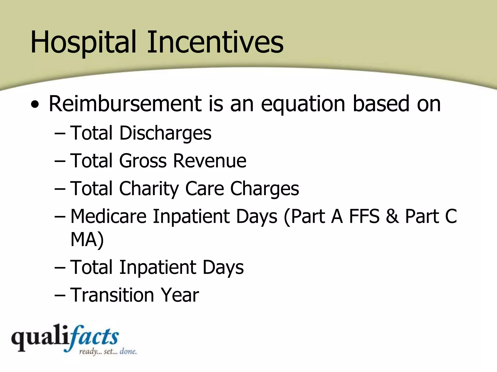 Hospital Incentives
• Reimbursement is an equation based on
– Total Discharges
– Total Gross Revenue
– Total Charity Care Charges
– Medicare Inpatient Days (Part A FFS & Part C
MA)
– Total Inpatient Days
– Transition Year
 