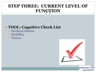 STEP THREE: CURRENT LEVEL OF
FUNCTION
● TOOL: Cognitive Check List
● Medical Status
● Mobility
● Vision
 