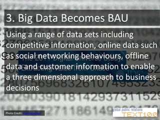 3. Big Data Becomes BAU
Using a range of data sets including
competitive information, online data such
as social networking behaviours, offline
data and customer information to enable
a three dimensional approach to business
decisions

Photo Credit: Koenvereeken
 