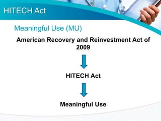 HITECH Act
Meaningful Use (MU)
American Recovery and Reinvestment Act of
2009

HITECH Act

Meaningful Use

 
