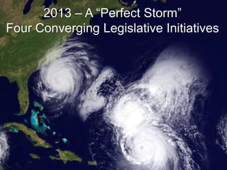 2013 – A “Perfect Storm”
Four Converging Legislative Initiatives
 