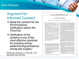 Best Practices
 Need the consent for the
Pre-Procedure
Verification and/or the
Time-Out
 Verification of the
consent is ...