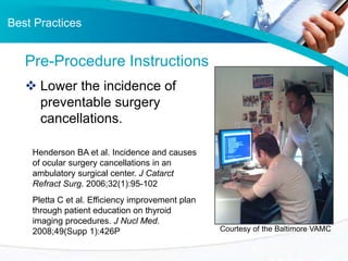 Best Practices
 Lower the incidence of
preventable surgery
cancellations.
Pre-Procedure Instructions
Henderson BA et al. ...