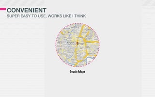 CONVENIENT
SUPER EASY TO USE, WORKS LIKE I THINK




                             Google Maps
 