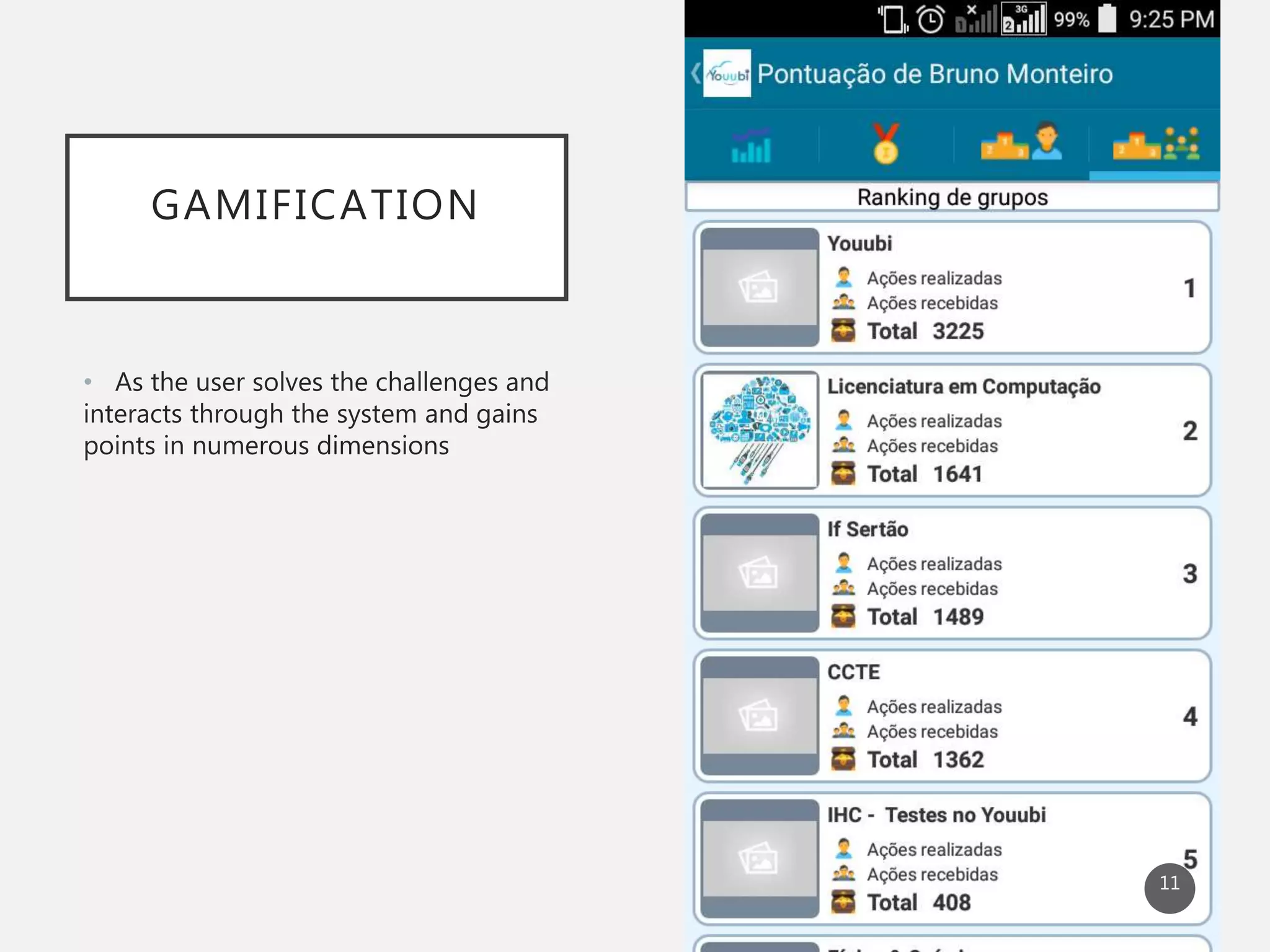 GAMIFICATION
• As the user solves the challenges and
interacts through the system and gains
points in numerous dimensions
11
 
