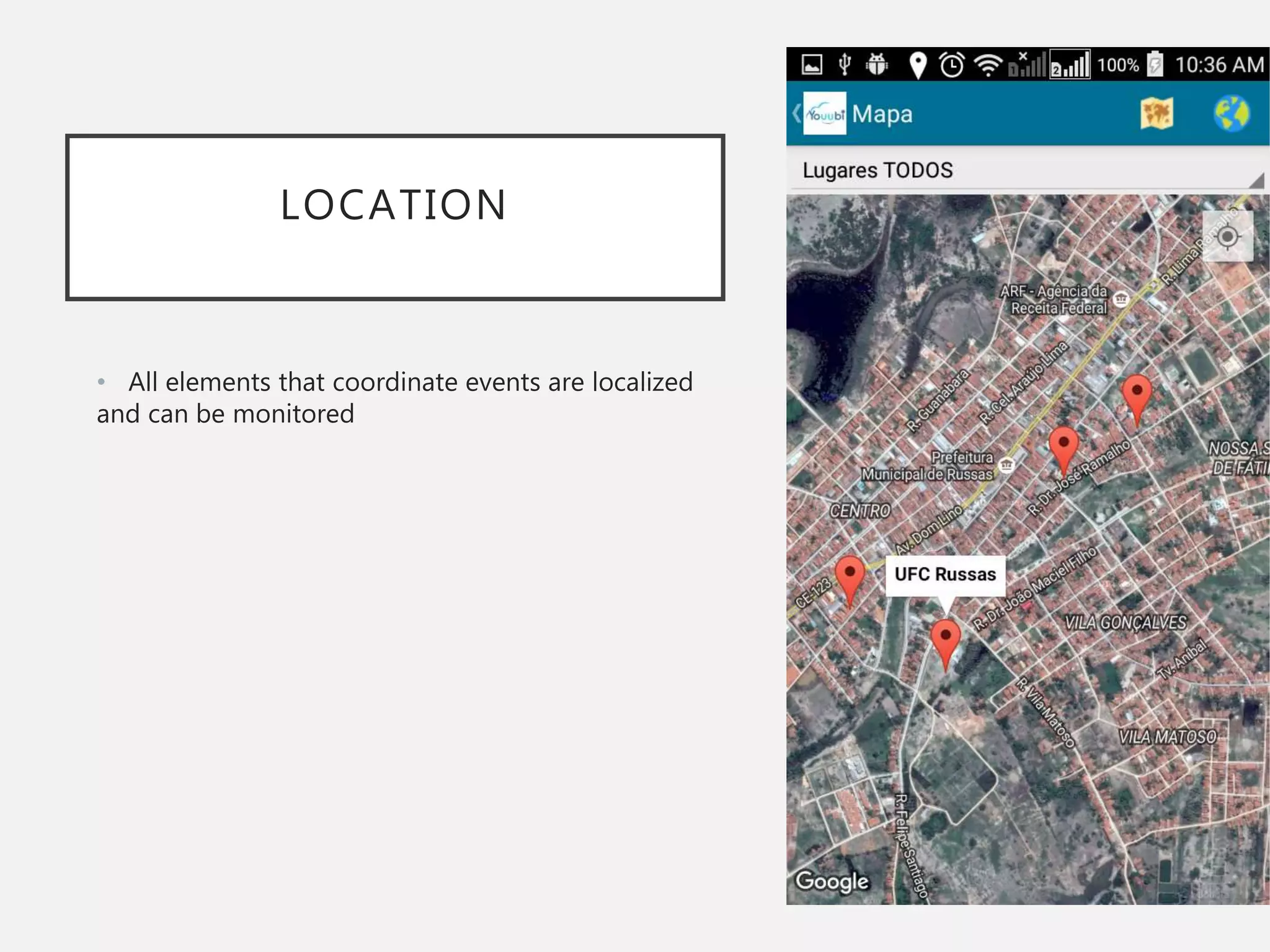 LOCATION
• All elements that coordinate events are localized
and can be monitored
 