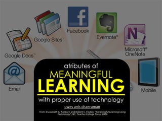 atributes of
MEANINGFUL
LEARNING
with proper use of technology
uwes	
  anis	
  chaeruman	
  
from:	
  Elaizabeth	
  A.	
  Ashburn	
  and	
  Robert	
  E.	
  Floden,	
  “Meaningful	
  Learning	
  Using	
  
Technology”,	
  NY:	
  Teacher	
  College	
  Press,	
  2006	
  
 