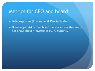 Metrics for CEO and boardTotal exposure (£) = Value at Risk indicatorUnmanaged risk = likelihood there are risks that we do not know about = inverse of eGRC maturity
