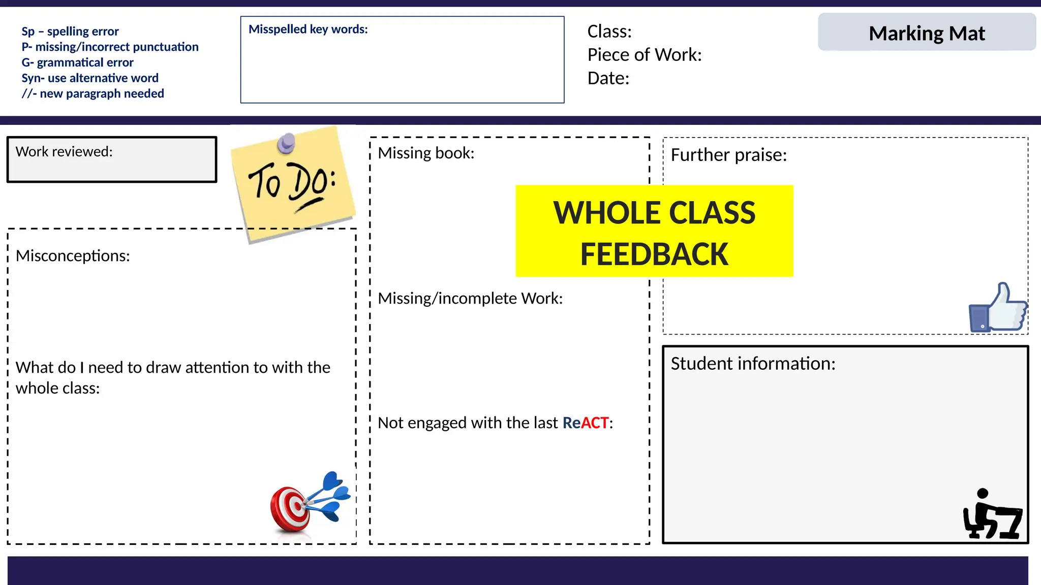 Class:
Piece of Work:
Date:
Misconceptions:
What do I need to draw attention to with the
whole class:
Student information:
Further praise:
Work reviewed: Missing book:
Missing/incomplete Work:
Not engaged with the last ReACT:
Sp – spelling error
P- missing/incorrect punctuation
G- grammatical error
Syn- use alternative word
//- new paragraph needed
Marking Mat
Misspelled key words:
WHOLE CLASS
FEEDBACK
 