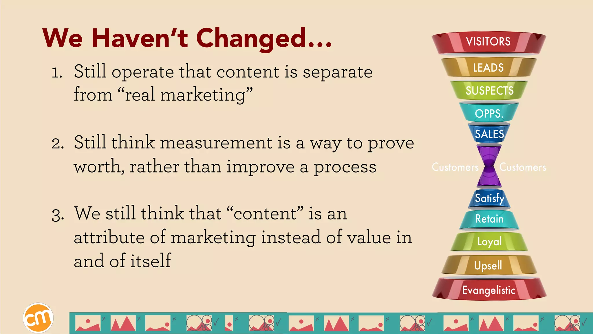 1.  Still operate that content is separate
from “real marketing”
2.  Still think measurement is a way to prove
worth, rather than improve a process
3.  We still think that “content” is an
attribute of marketing instead of value in
and of itself
We Haven’t Changed…
 