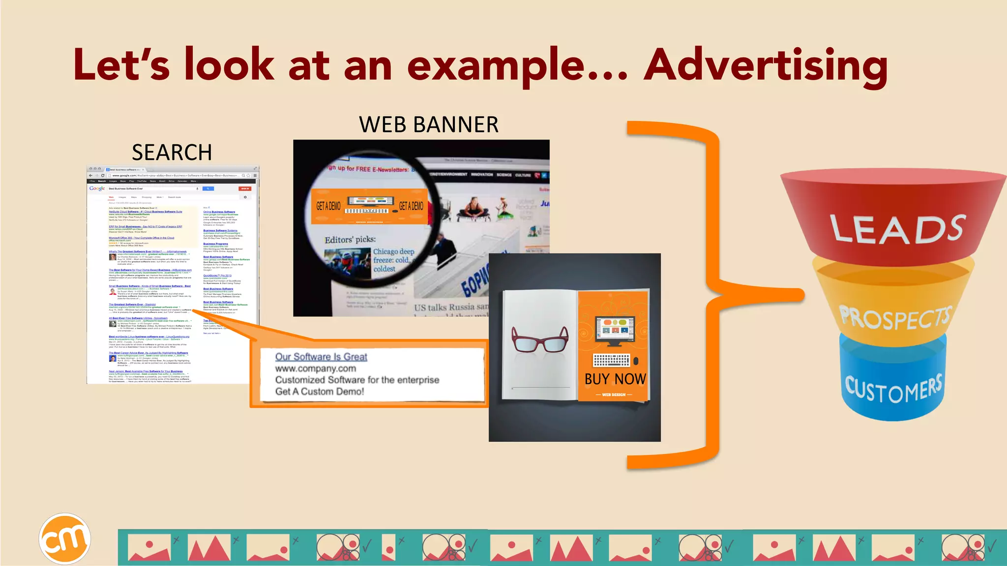 WEB	
  BANNER	
  
SEARCH	
  ADS	
  PRINT	
  
SEARCH	
  
Let’s look at an example… Advertising
 