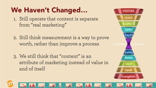 1.  Still operate that content is separate
from “real marketing”
2.  Still think measurement is a way to prove
worth, rather than improve a process
3.  We still think that “content” is an
attribute of marketing instead of value in
and of itself
We Haven’t Changed…
 