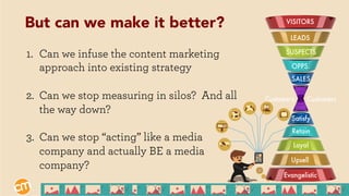 1.  Can we infuse the content marketing
approach into existing strategy
2.  Can we stop measuring in silos? And all
the way down?
3.  Can we stop “acting” like a media
company and actually BE a media
company?
But can we make it better?
 