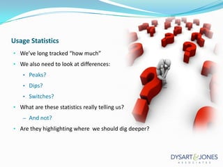 Usage Statistics
• We’ve long tracked “how much”
• We also need to look at differences:
• Peaks?
• Dips?

• Switches?

• What are these statistics really telling us?
– And not?

• Are they highlighting where we should dig deeper?

 