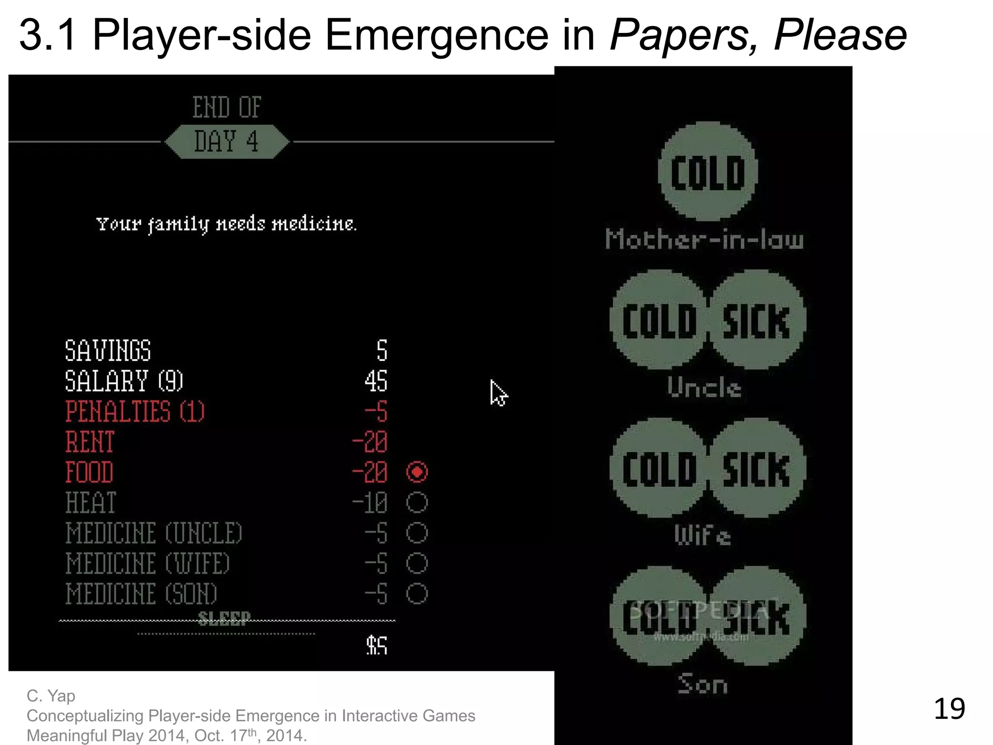 19 
C. Yap Conceptualizing Player-side Emergence in Interactive Games Meaningful Play 2014, Oct. 17th, 2014. 
3.1 Player-side Emergence in Papers, Please  