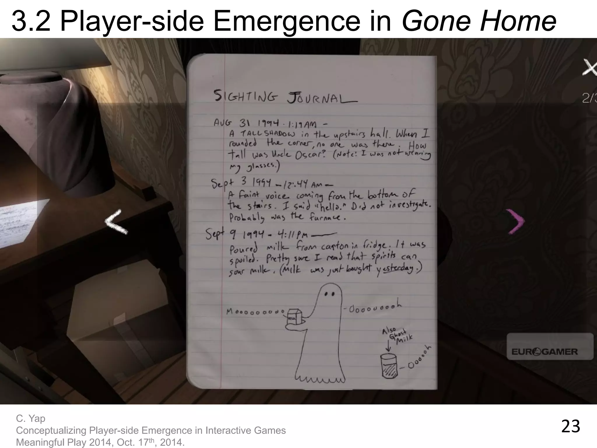 23 
C. Yap Conceptualizing Player-side Emergence in Interactive Games Meaningful Play 2014, Oct. 17th, 2014. 
3.2 Player-side Emergence in Gone Home  