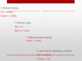 3- different in emotive meaning.
freedom = liberty
1- different in dialect.
Fall = autumn
Vacation = holiday
4- some words are collocationary restricted.
Deep = profound
Strategy = way
2- different in style.
Hello = Hi
Want to = wanna
 
