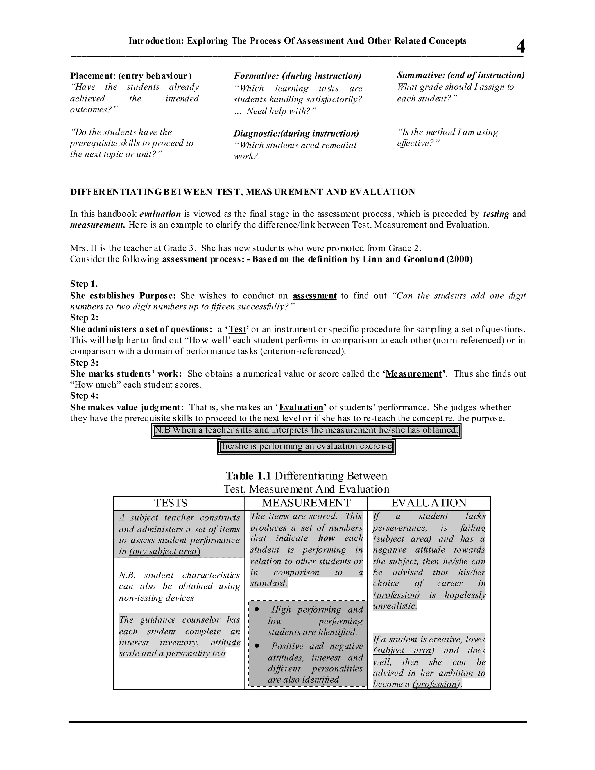 Introduction: Exploring The Process Of Assessment And Other Related Concepts
_____________________________________________________________________________________________4
Placement: (entry behaviour)
“Have the students already
achieved the intended
outcomes?”
“Do the students have the
prerequisite skills to proceed to
the next topic or unit?”
Formative: (during instruction)
“Which learning tasks are
students handling satisfactorily?
… Need help with?”
Diagnostic:(during instruction)
“Which students need remedial
work?
Summative: (end of instruction)
What grade should I assign to
each student?”
“Is the method I am using
effective?”
DIFFERENTIATINGBETWEEN TEST, MEAS UREMENT AND EVALUATION
In this handbook evaluation is viewed as the final stage in the assessment process, which is preceded by testing and
measurement. Here is an example to clarify the difference/link between Test, Measurement and Evaluation.
Mrs. H is the teacher at Grade 3. She has new students who were promoted from Grade 2.
Consider the following assessment process: - Based on the definition by Linn and Gronlund (2000)
Step 1.
She establishes Purpose: She wishes to conduct an assessment to find out “Can the students add one digit
numbers to two digit numbers up to fifteen successfully?”
Step 2:
She administers a set of questions: a ‘Test’ or an instrument or specific procedure for sampling a set of questions.
This will help her to find out “How well’ each student performs in comparison to each other (norm-referenced) or in
comparison with a domain of performance tasks (criterion-referenced).
Step 3:
She marks students’ work: She obtains a numerical value or score called the ‘Measurement’. Thus she finds out
“How much” each student scores.
Step 4:
She makes value judgment: That is, she makes an ‘Evaluation’ of students’ performance. She judges whether
they have the prerequisite skills to proceed to the next level or if she has to re-teach the concept re. the purpose.
N.B When a teacher sifts and interprets the measurement he/she has obtained,
he/she is performing an evaluation exercise
Table 1.1 Differentiating Between
Test, Measurement And Evaluation
TESTS MEASUREMENT EVALUATION
A subject teacher constructs
and administers a set of items
to assess student performance
in (any subject area)
N.B. student characteristics
can also be obtained using
non-testing devices
The guidance counselor has
each student complete an
interest inventory, attitude
scale and a personality test
The items are scored. This
produces a set of numbers
that indicate how each
student is performing in
relation to other students or
in comparison to a
standard.
 High performing and
low performing
students are identified.
 Positive and negative
attitudes, interest and
different personalities
are also identified.
If a student lacks
perseverance, is failing
(subject area) and has a
negative attitude towards
the subject, then he/she can
be advised that his/her
choice of career in
(profession) is hopelessly
unrealistic.
If a student is creative, loves
(subject area) and does
well, then she can be
advised in her ambition to
become a (profession).
 