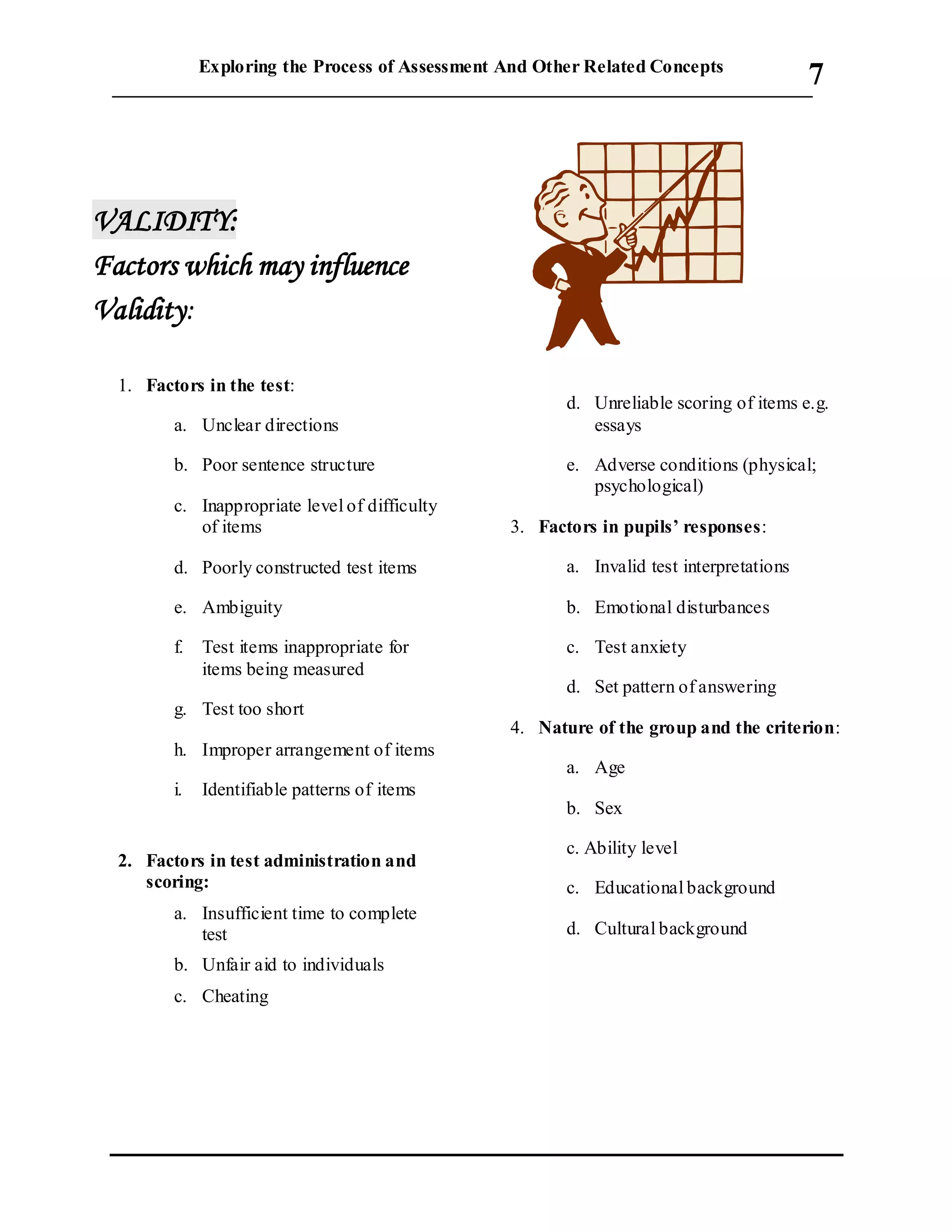 Exploring the Process of Assessment And Other Related Concepts
___________________________________________________________________________
7
VALIDITY:
Factors which may influence
Validity:
1. Factors in the test:
a. Unclear directions
b. Poor sentence structure
c. Inappropriate level of difficulty
of items
d. Poorly constructed test items
e. Ambiguity
f. Test items inappropriate for
items being measured
g. Test too short
h. Improper arrangement of items
i. Identifiable patterns of items
2. Factors in test administration and
scoring:
a. Insufficient time to complete
test
b. Unfair aid to individuals
c. Cheating
d. Unreliable scoring of items e.g.
essays
e. Adverse conditions (physical;
psychological)
3. Factors in pupils’ responses:
a. Invalid test interpretations
b. Emotional disturbances
c. Test anxiety
d. Set pattern of answering
4. Nature of the group and the criterion:
a. Age
b. Sex
c. Ability level
c. Educational background
d. Cultural background
 