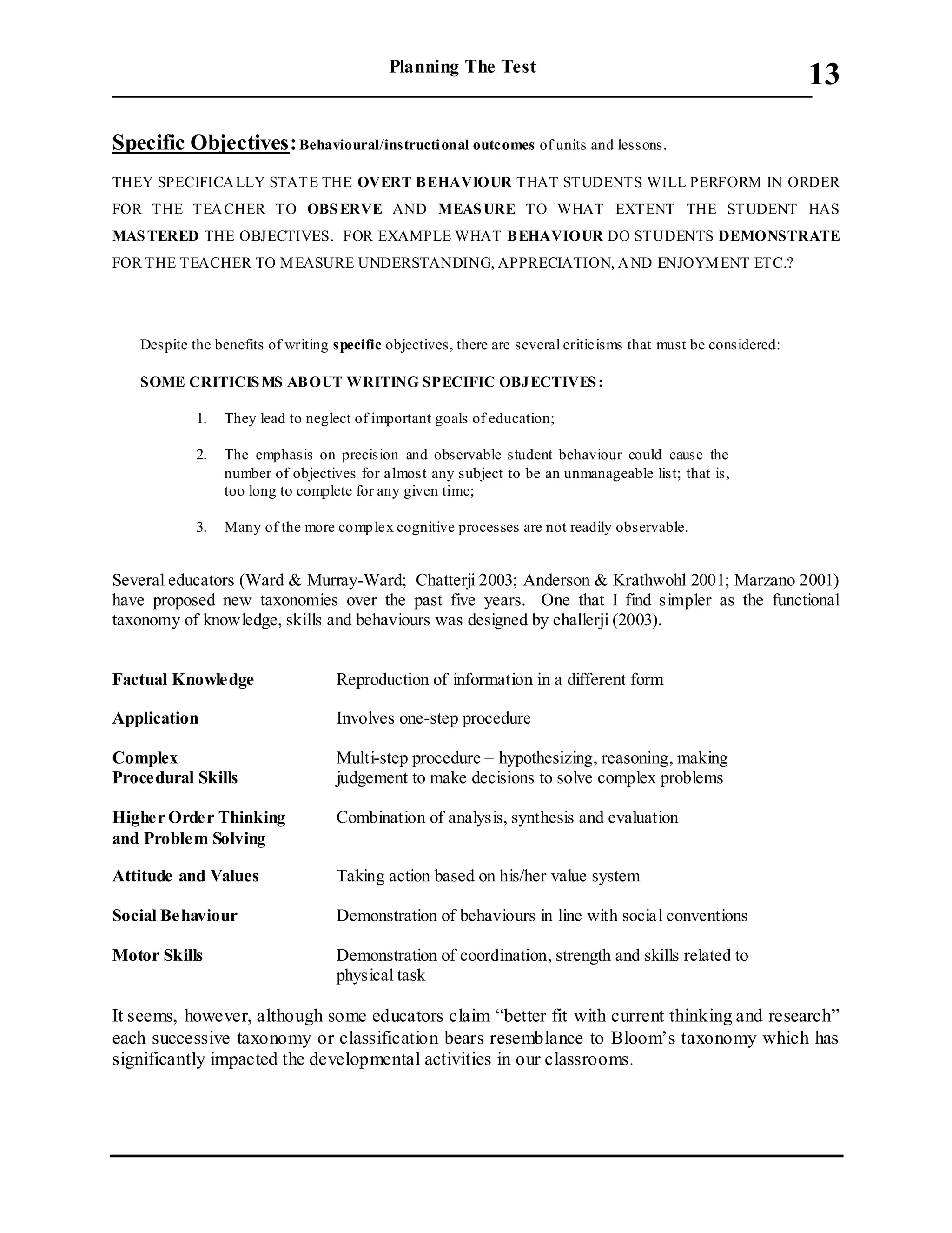 Planning The Test
___________________________________________________________________________
13
Specific Objectives:Behavioural/instructional outcomes of units and lessons.
THEY SPECIFICALLY STATE THE OVERT BEHAVIOUR THAT STUDENTS WILL PERFORM IN ORDER
FOR THE TEACHER TO OBSERVE AND MEASURE TO WHAT EXTENT THE STUDENT HAS
MASTERED THE OBJECTIVES. FOR EXAMPLE WHAT BEHAVIOUR DO STUDENTS DEMONSTRATE
FOR THE TEACHER TO MEASURE UNDERSTANDING, APPRECIATION, AND ENJOYMENT ETC.?
Despite the benefits of writing specific objectives, there are several criticisms that must be considered:
SOME CRITICISMS ABOUT WRITING SPECIFIC OBJECTIVES:
1. They lead to neglect of important goals of education;
2. The emphasis on precision and observable student behaviour could cause the
number of objectives for almost any subject to be an unmanageable list; that is,
too long to complete for any given time;
3. Many of the more complex cognitive processes are not readily observable.
Several educators (Ward & Murray-Ward; Chatterji 2003; Anderson & Krathwohl 2001; Marzano 2001)
have proposed new taxonomies over the past five years. One that I find simpler as the functional
taxonomy of knowledge, skills and behaviours was designed by challerji (2003).
Factual Knowledge Reproduction of information in a different form
Application Involves one-step procedure
Complex Multi-step procedure – hypothesizing, reasoning, making
Procedural Skills judgement to make decisions to solve complex problems
Higher Order Thinking Combination of analysis, synthesis and evaluation
and Problem Solving
Attitude and Values Taking action based on his/her value system
Social Behaviour Demonstration of behaviours in line with social conventions
Motor Skills Demonstration of coordination, strength and skills related to
physical task
It seems, however, although some educators claim “better fit with current thinking and research”
each successive taxonomy or classification bears resemblance to Bloom’s taxonomy which has
significantly impacted the developmental activities in our classrooms.
 