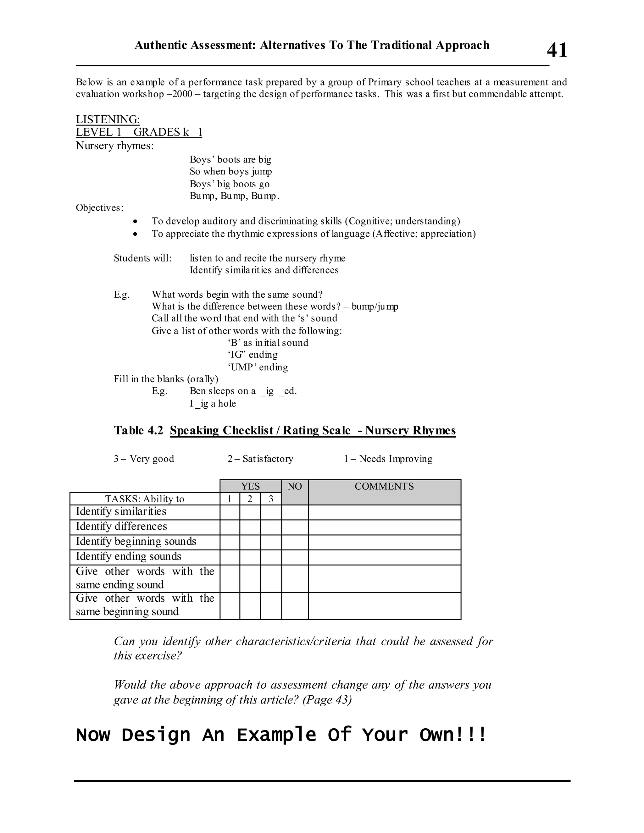 Authentic Assessment: Alternatives To The Traditional Approach
___________________________________________________________________________
41
Below is an example of a performance task prepared by a group of Primary school teachers at a measurement and
evaluation workshop –2000 – targeting the design of performance tasks. This was a first but commendable attempt.
LISTENING:
LEVEL 1 – GRADES k –1
Nursery rhymes:
Boys’ boots are big
So when boys jump
Boys’ big boots go
Bump, Bump, Bump.
Objectives:
 To develop auditory and discriminating skills (Cognitive; understanding)
 To appreciate the rhythmic expressions of language (Affective; appreciation)
Students will: listen to and recite the nursery rhyme
Identify similarities and differences
E.g. What words begin with the same sound?
What is the difference between these words? – bump/jump
Call all the word that end with the ‘s’ sound
Give a list of other words with the following:
‘B’ as initial sound
‘IG” ending
‘UMP’ ending
Fill in the blanks (orally)
E.g. Ben sleeps on a _ig _ed.
I _ig a hole
Table 4.2 Speaking Checklist / Rating Scale - Nursery Rhymes
3 – Very good 2 – Satisfactory 1 – Needs Improving
YES NO COMMENTS
TASKS: Ability to 1 2 3
Identify similarities
Identify differences
Identify beginning sounds
Identify ending sounds
Give other words with the
same ending sound
Give other words with the
same beginning sound
Can you identify other characteristics/criteria that could be assessed for
this exercise?
Would the above approach to assessment change any of the answers you
gave at the beginning of this article? (Page 43)
Now Design An Example Of Your Own!!!
 