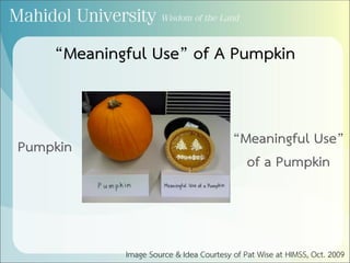 “Meaningful Use” of A Pumpkin
“Meaningful Use”
of a Pumpkin
Pumpkin
Image Source & Idea Courtesy of Pat Wise at HIMSS, Oct. 2009
 