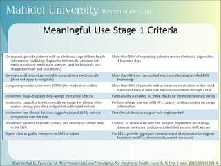 Blumenthal D, Tavenner M. The “meaningful use” regulation for electronic health records. N Engl J Med. 2010;363(6):501-4.
Meaningful Use Stage 1 Criteria
 