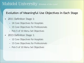 Evolution of Meaningful Use Objectives in Each Stage
• 2011 Definition Stage 1:
– 14 Core Objectives for Hospitals
– 15 Core Objectives for Professionals
– Pick 5 of 10 Menu Set Objectives
• 2013 Definition Stage 1:
– 12 Core Objectives for Hospitals
– 13 Core Objectives for Professionals
– Pick 5 of 10 Menu Set Objectives
 