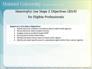 Meaningful Use Stage 2 Objectives (2014)
for Eligible Professionals
http://www.cms.gov/Regulations-and-Guidance/Legislation/EHRIncentivePrograms/Downloads/Stage2Overview_Tipsheet.pdf
 
