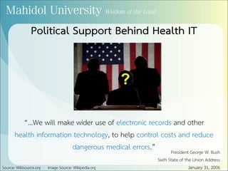 “...We will make wider use of electronic records and other
health information technology, to help control costs and reduce
dangerous medical errors.”
Source: Wikisource.org Image Source: Wikipedia.org
President George W. Bush
Sixth State of the Union Address
January 31, 2006
?
Political Support Behind Health IT
 