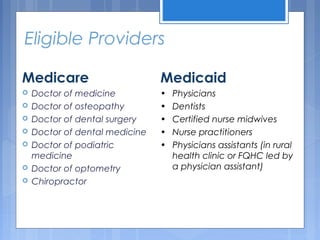 Eligible Providers
Medicare
 Doctor of medicine
 Doctor of osteopathy
 Doctor of dental surgery
 Doctor of dental medicine
 Doctor of podiatric
medicine
 Doctor of optometry
 Chiropractor
Medicaid
• Physicians
• Dentists
• Certified nurse midwives
• Nurse practitioners
• Physicians assistants (in rural
health clinic or FQHC led by
a physician assistant)
 