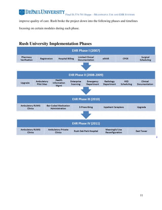 Final IS-574-701 Hoppe - MEANINGFUL USE AND EHR SYSTEMS

improve quality of care. Rush broke the project down into the following phases and timelines

focusing on certain modules during each phase.



Rush University Implementation Phases




                                                                                                    2




                                                                                               11
 