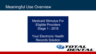 Meaningful Use Overview
Medicaid Stimulus For
Eligible Providers
Stage 1 - 2016
Your Electronic Health
Records Solution
 
